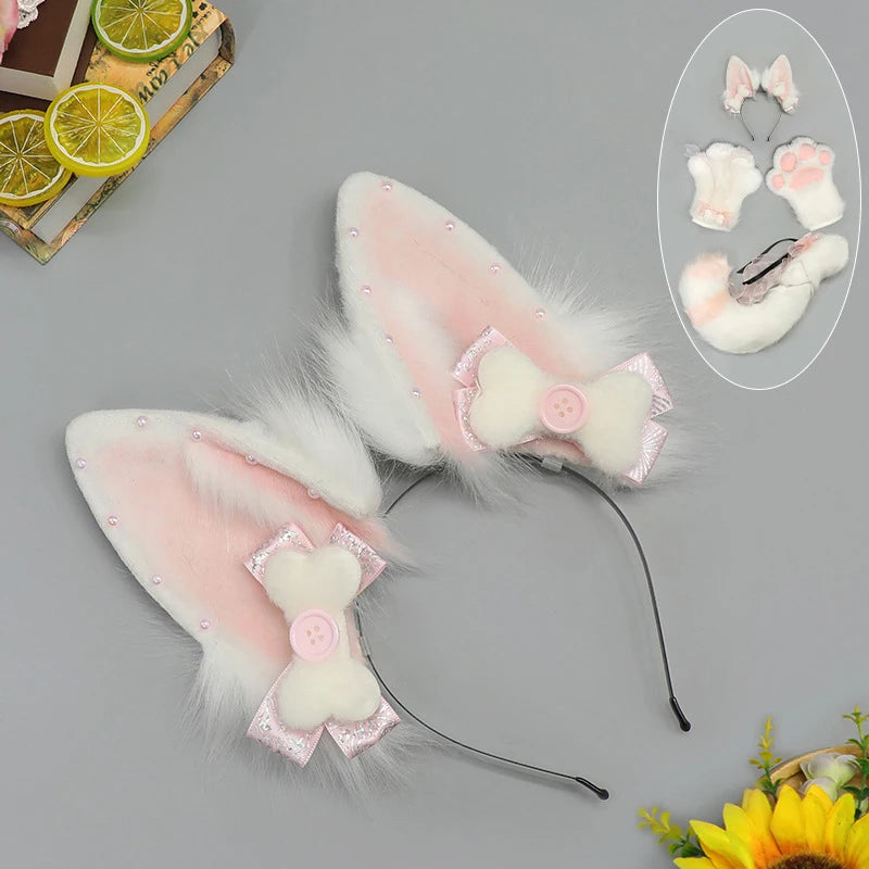 Hand-made Realistic Fluffy Fox Ear Headwear Faux Fur Wolf  Tail Plush Cat Claw Gloves Lolita Anime Exhibition Cosplay Props