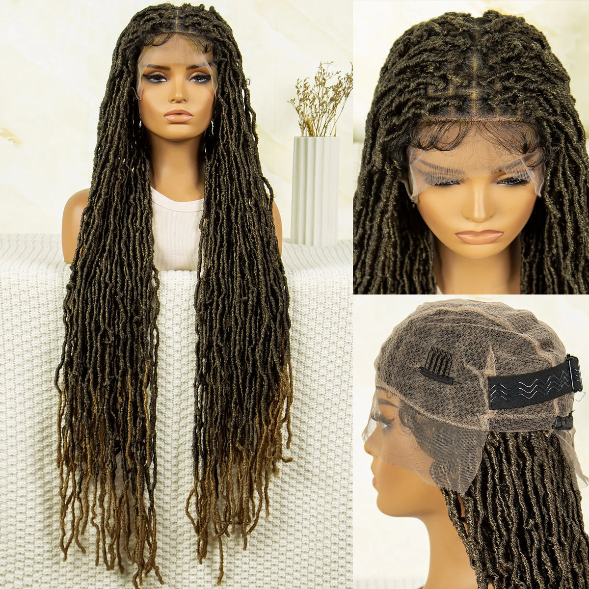 36 Inch Synthetic Braided Hair Wig Full Lace Ombre Colored Hair Wig for Black Women Box Braids Twisted Hairstyle Wigs