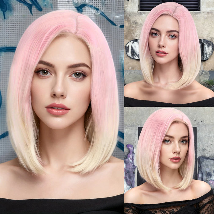 Vibrant Pink to Gold Gradient Shoulder-Length Layered Straight Bob Wig Smooth Silky Chic Street Style synthetic wig