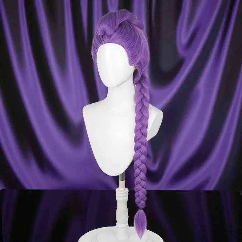 Purple braided wig on a mannequin head against a purple curtain background
