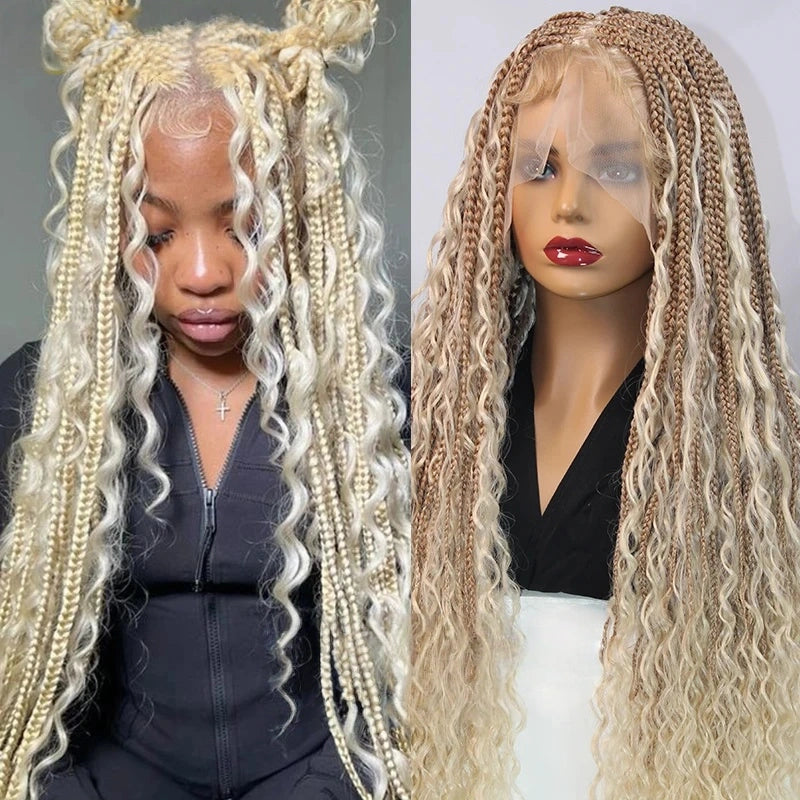 Synthetic Full Lace Bohemian Braid Wig 32 Inch Box Braids Goddess Wig With Curly Hair Ombre Blonde Gradation Cornrow Braided Wig
