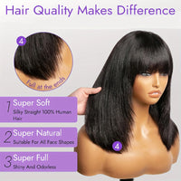 Glueless Straight Bob Wig with Bangs – 100% Human Hair Double Drawn Bob Wig