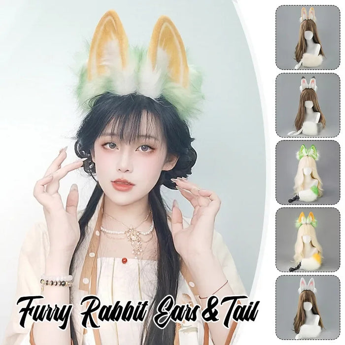 Furry Bunny Ears Headband Lolita Realistic Tail Set Cute Plush Cosplay Animal Tail Props Party Animal Tails Cosplay Costume