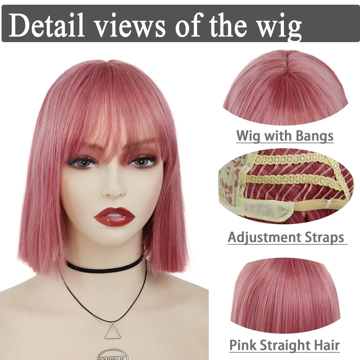 Short Bob Wigs Synthetic Silky Straight Hair Wig with Bangs for White Women Cosplay Natural Nice Looking Pink Lolita Wigs Girls