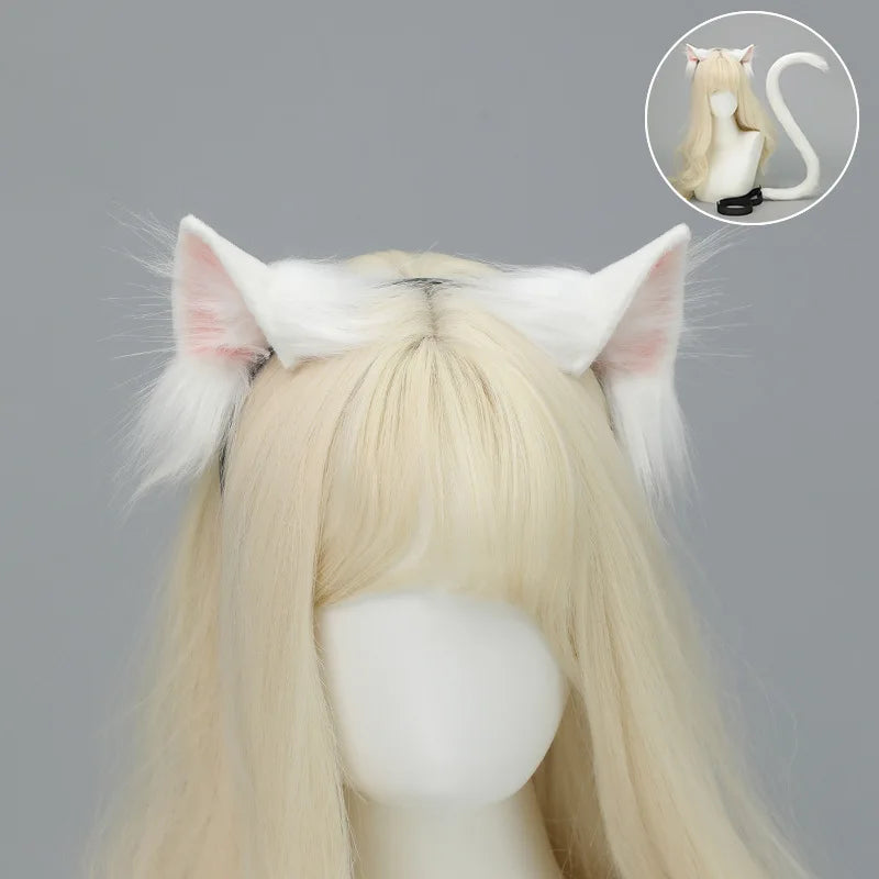 Handmade Plush Cat Ear Headband & Tail Set – Realistic Animal Cosplay Kit for Anime, Halloween & Furry Events