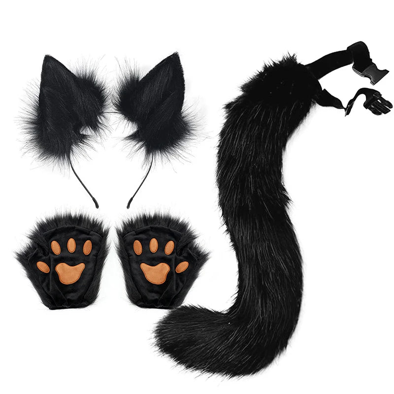 Kemonomimi Fox Ears & Plush Tail with Paw Gloves – Cute Halloween Cosplay Accessories