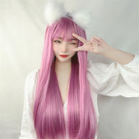 Hair Extensions Synthetic Cosplay Purple Young Lady Wigs Breathable Thin Air Bangs Head Cover Long 70cm Straight Women Wig Hat