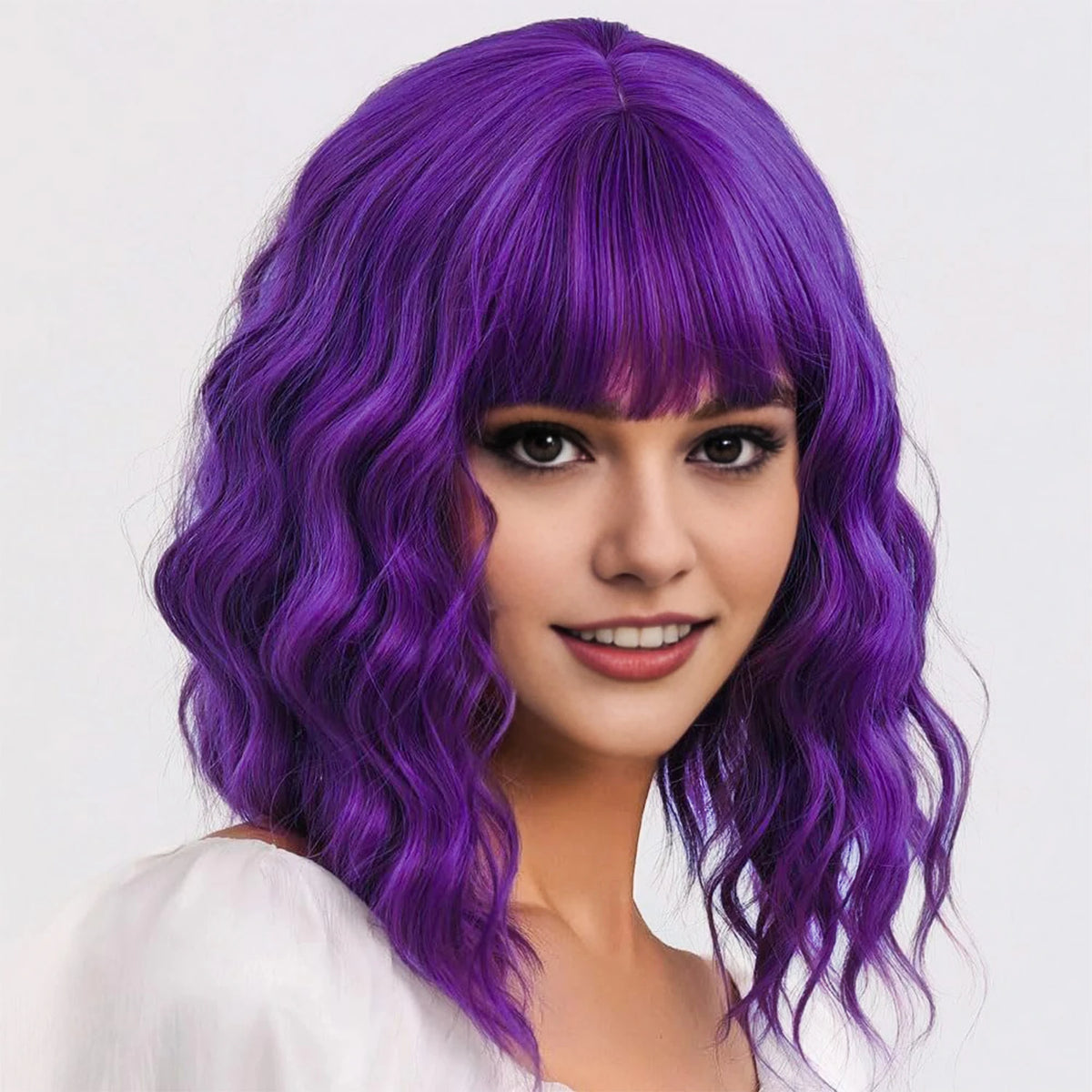 14inch Short Wavy Bob Synthetic Wig with Air Bangs Heat Resistance Shoulder Length Curled Wigs for Daily Use Cosplay for Women
