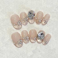 10pcs Blue Nude Cat Eye Press-On Nails, Short Almond Shiny Finish with Rhinestone Accent