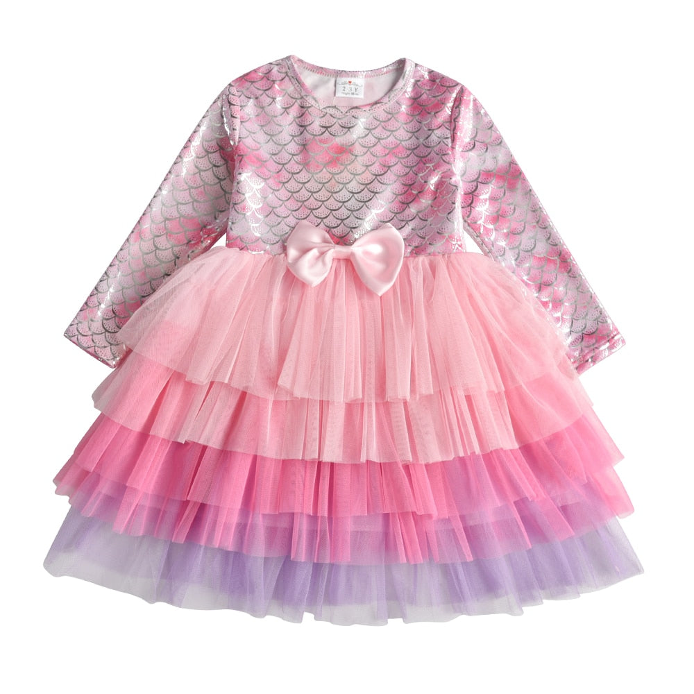 VIKITA Kids Tutu Dress for Girls Long Sleeve Party Prom Vestidos Toddlers Mermaid Unicorn Dresses Kids Princess Autumn Dress