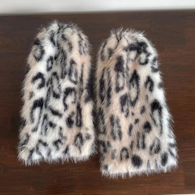 Plush Faux Fur Leg Warmers Leopard Pattern Winter Boot Covers