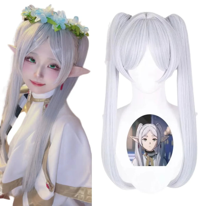 Silver White Short Double Ponytail Wig – High-Quality Synthetic Anime Cosplay Wig (Frieren-Inspired)