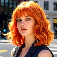 14inch Short Wavy Bob Synthetic Wig with Air Bangs Heat Resistance Shoulder Length Curled Wigs for Daily Use Cosplay for Women