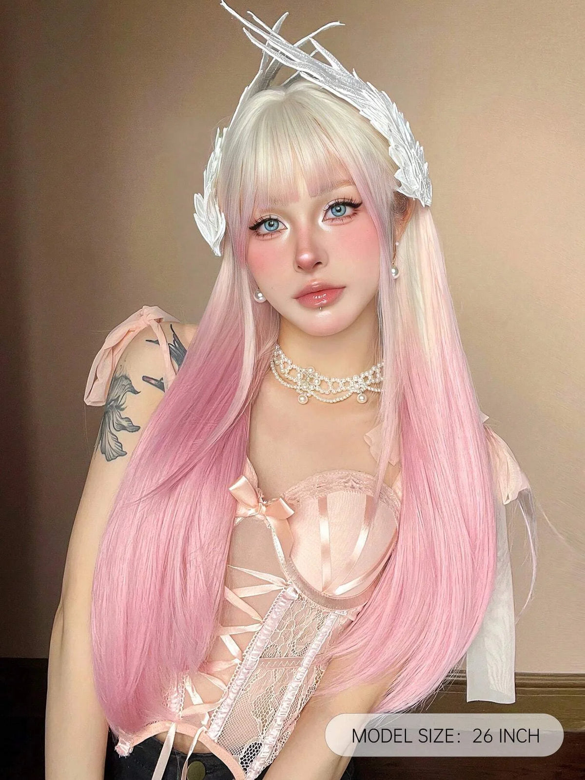 Ombre Light Pink Blonde Long Straight Wig Synthetic Colorful Lolita Cosplay Hair Wigs with Bangs for Women Heat Resistant