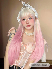 Ombre Light Pink Blonde Long Straight Wig Synthetic Colorful Lolita Cosplay Hair Wigs with Bangs for Women Heat Resistant