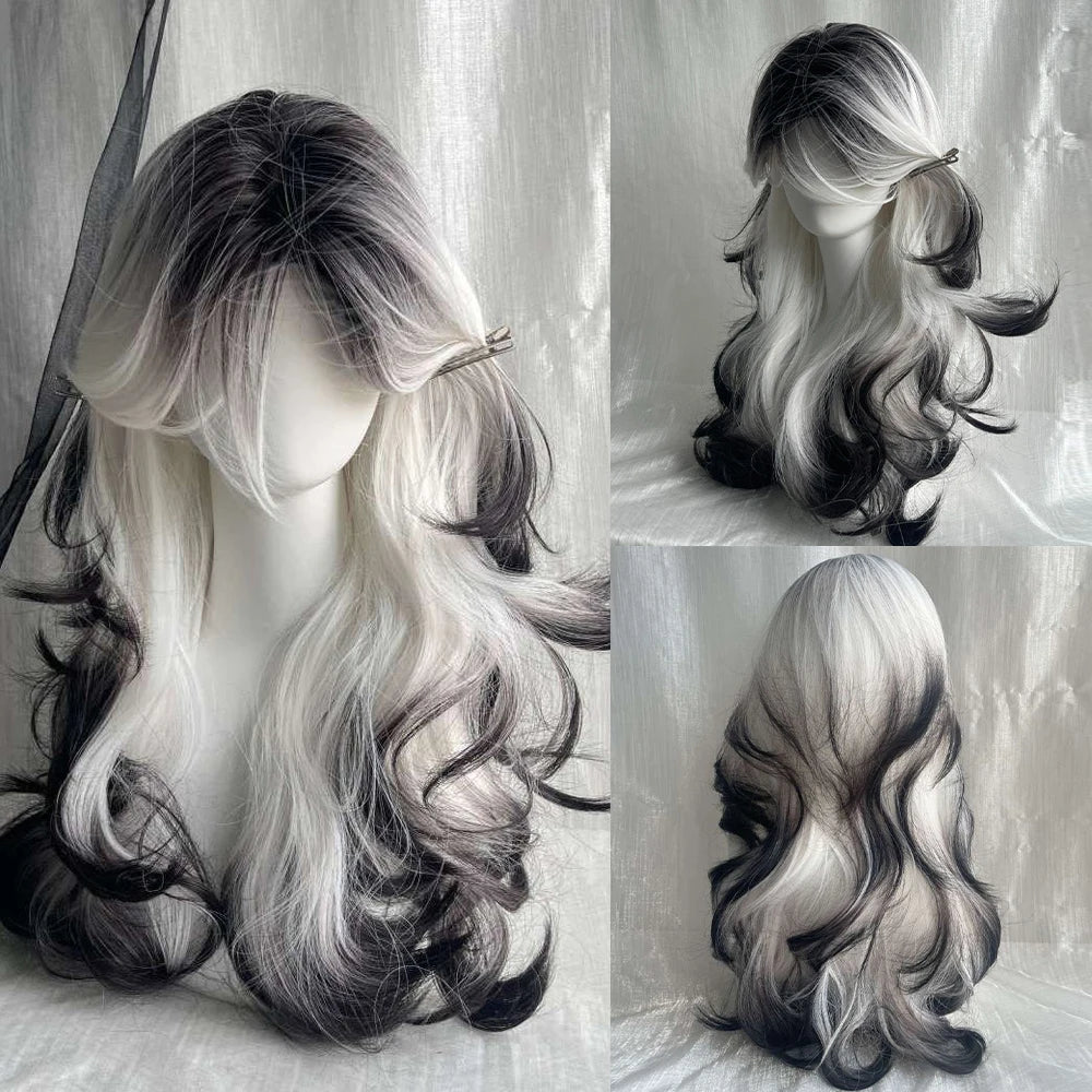 Long Wave Synthetic Black Ombre White Wig Fluffy Women Heat Resistant Wig for Daily Party Lolita Cosplay