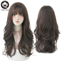 Long Wavy Curly Black Blonde Hair Highlights Synthetic Blend Wigs With Fluffy Bangs Daily Wear