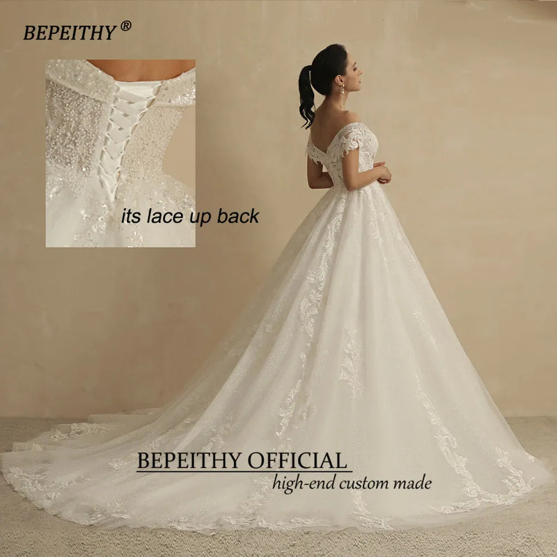 BEPEITHY Princess Glitter Wedding Dresses For Women 2022 Bride Romantic Lace Sleeveless Boho Bridal Gown France Robe De Soiree