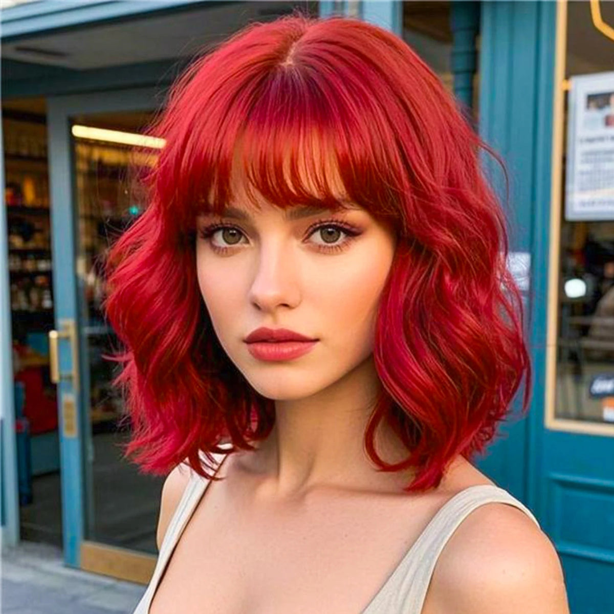 14inch Short Wavy Bob Synthetic Wig with Air Bangs Heat Resistance Shoulder Length Curled Wigs for Daily Use Cosplay for Women