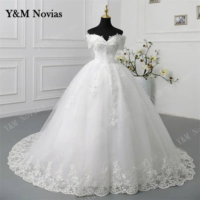 Y&M Novias Off Shoulder Plus Size Vestido De Noiva 2023 Wedding Dress Long Train or Floor Appliqes Pearls Bridal Tulle Mariage