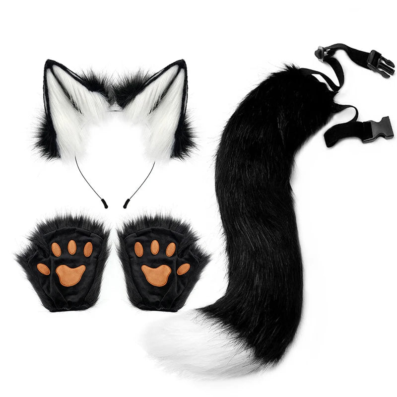 Kemonomimi Fox Ears & Plush Tail with Paw Gloves – Cute Halloween Cosplay Accessories