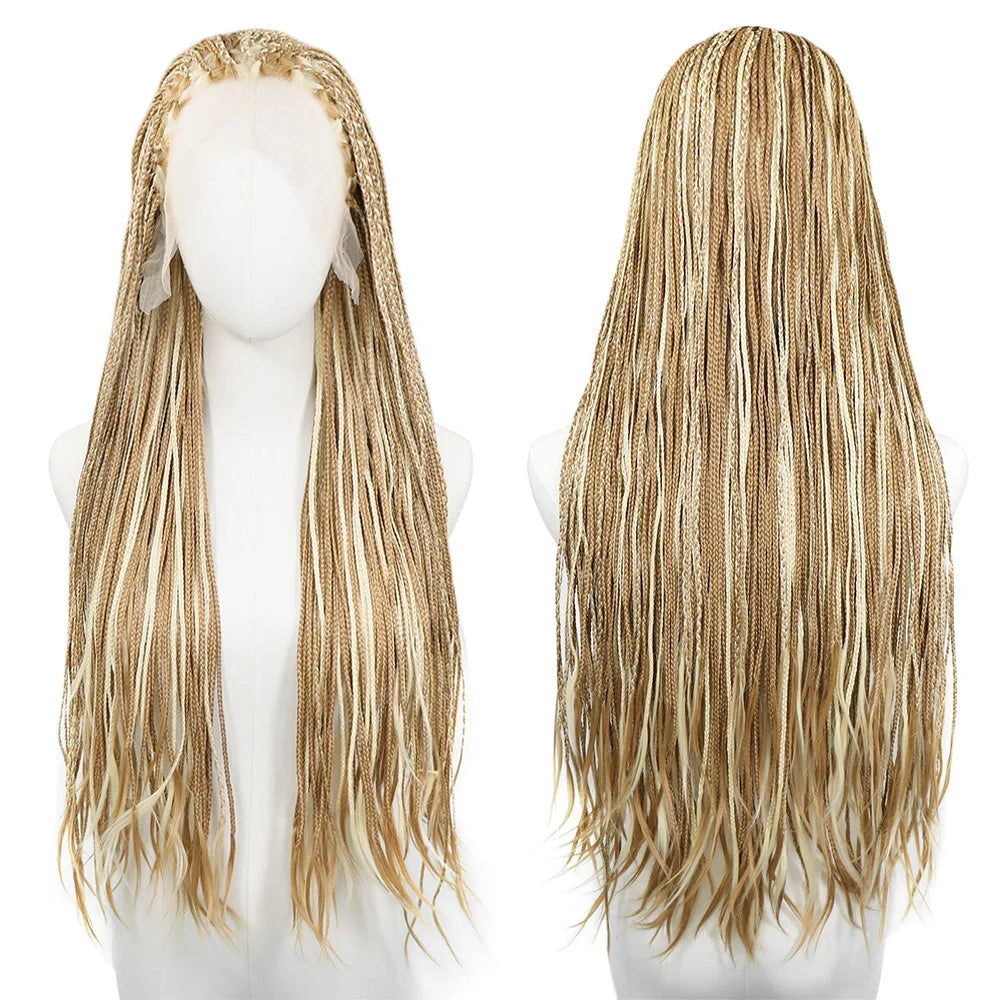 28Inch Pink Highlight Box Braided Wigs for Women Knotless Goddess Box Braid Lace Front Wig Colored Crochet Braid Synthetic Wig