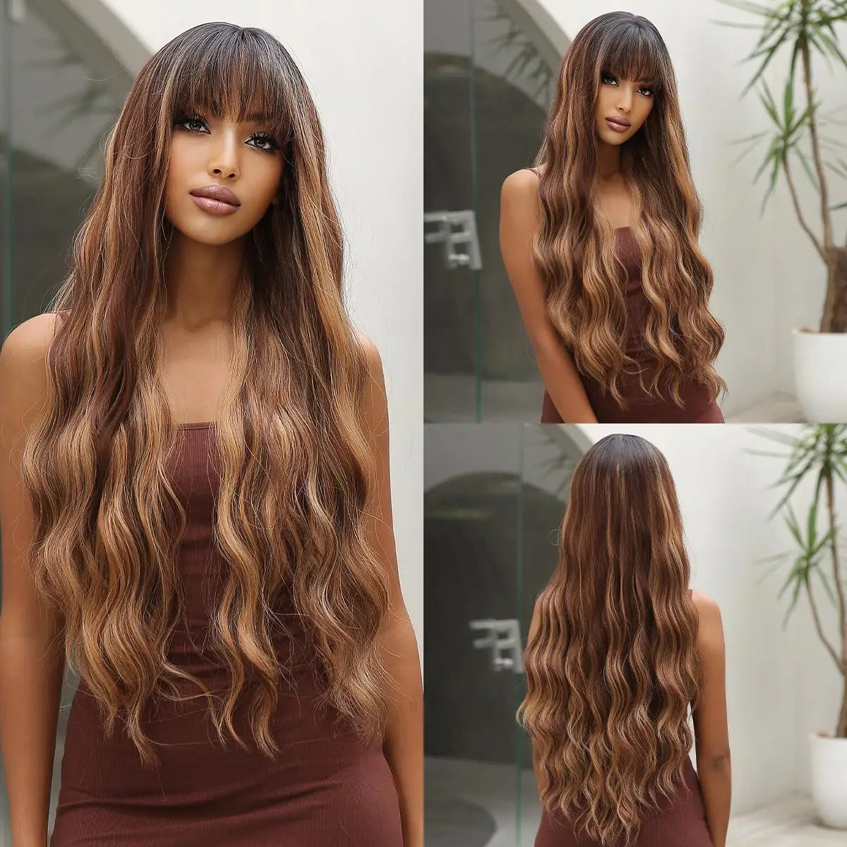 Brown Wavy Wigs for Women with Bangs Long Natural Synthetic Hair Wig Daily Cosplay Heat Resistant
