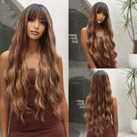 Brown Wavy Wigs for Women with Bangs Long Natural Synthetic Hair Wig Daily Cosplay Heat Resistant