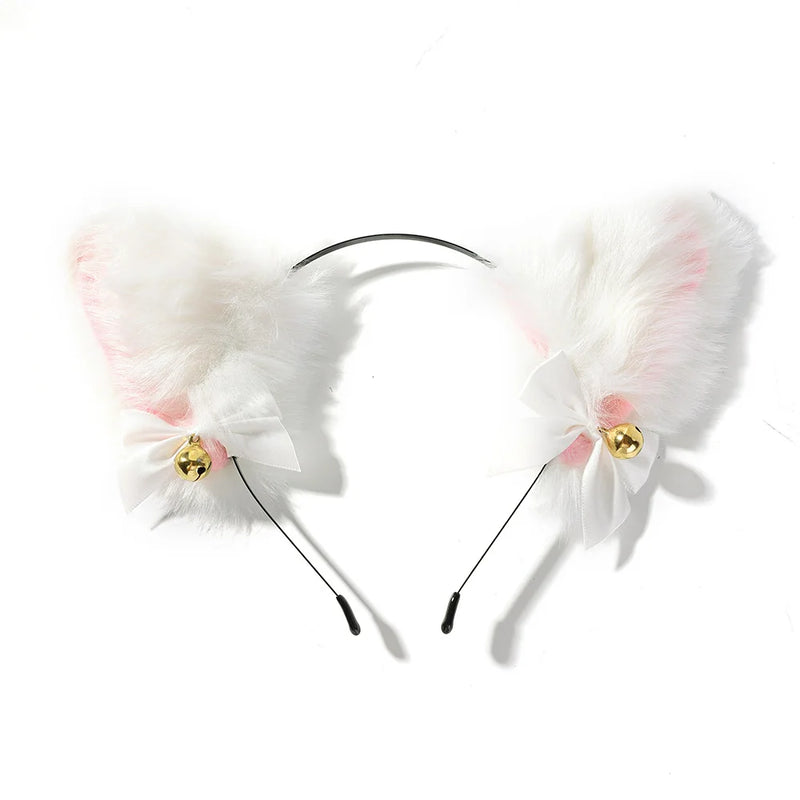 Cat Ears Headband for Women Girls Lace Bow Necklace Plush Bell Hairband Cosplay Masquerade-Party Costume Hair Accessories