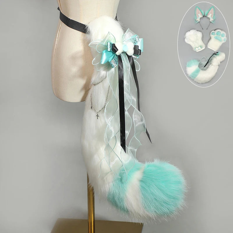 Hand-made Realistic Fluffy Fox Ear Headwear Faux Fur Wolf  Tail Plush Cat Claw Gloves Lolita Anime Exhibition Cosplay Props