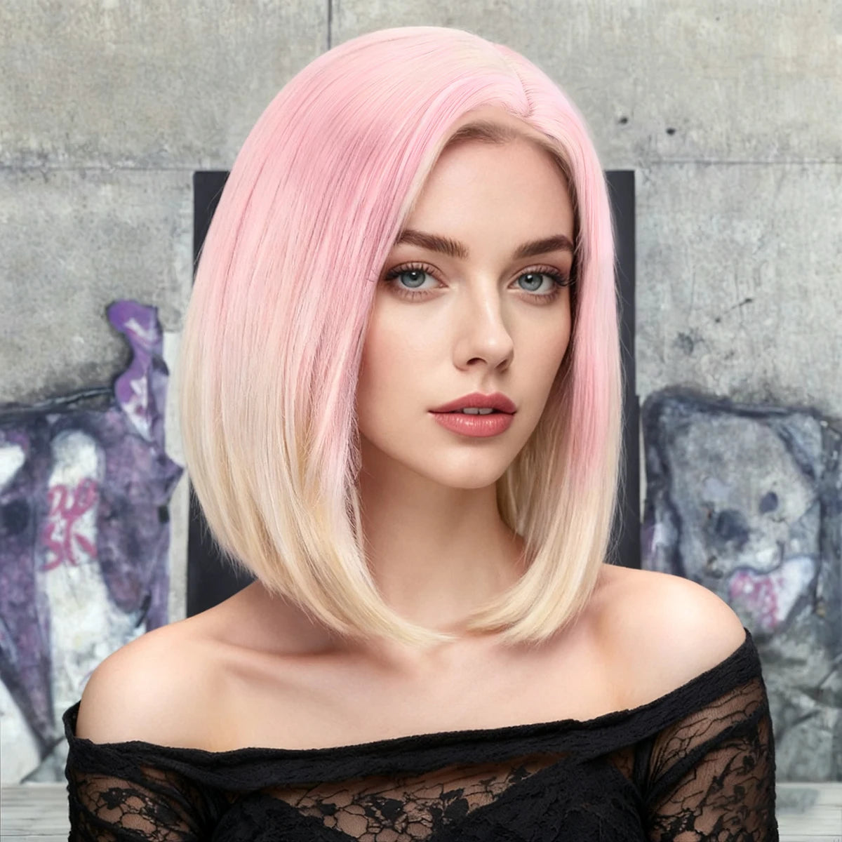 Vibrant Pink to Gold Gradient Shoulder-Length Layered Straight Bob Wig Smooth Silky Chic Street Style synthetic wig