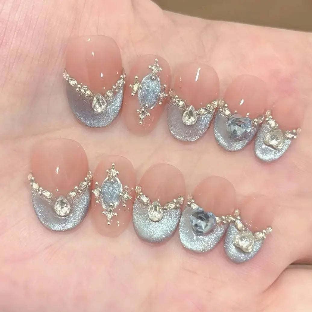10pcs Blue Nude Cat Eye Press-On Nails, Short Almond Shiny Finish with Rhinestone Accent