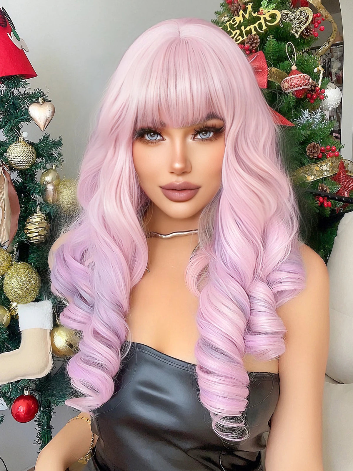 22Inch Cherry Blossom Pink Color Synthetic Wigs With Bang Long Natural Curly Hair Wig For Women Cosplay Party Heat Resistant