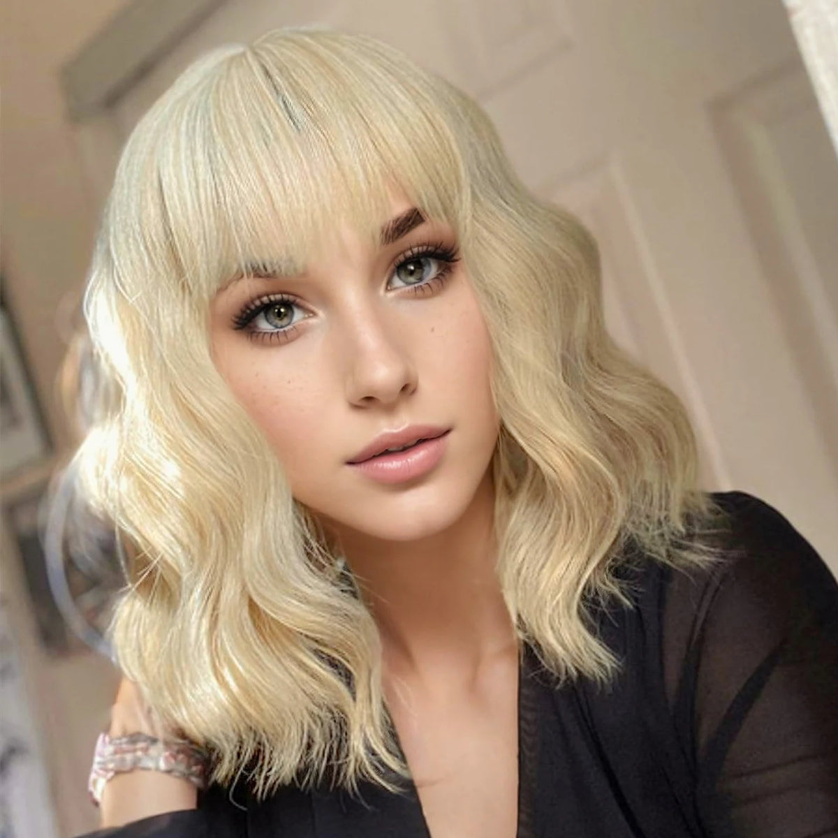 14inch Short Wavy Bob Synthetic Wig with Air Bangs Heat Resistance Shoulder Length Curled Wigs for Daily Use Cosplay for Women
