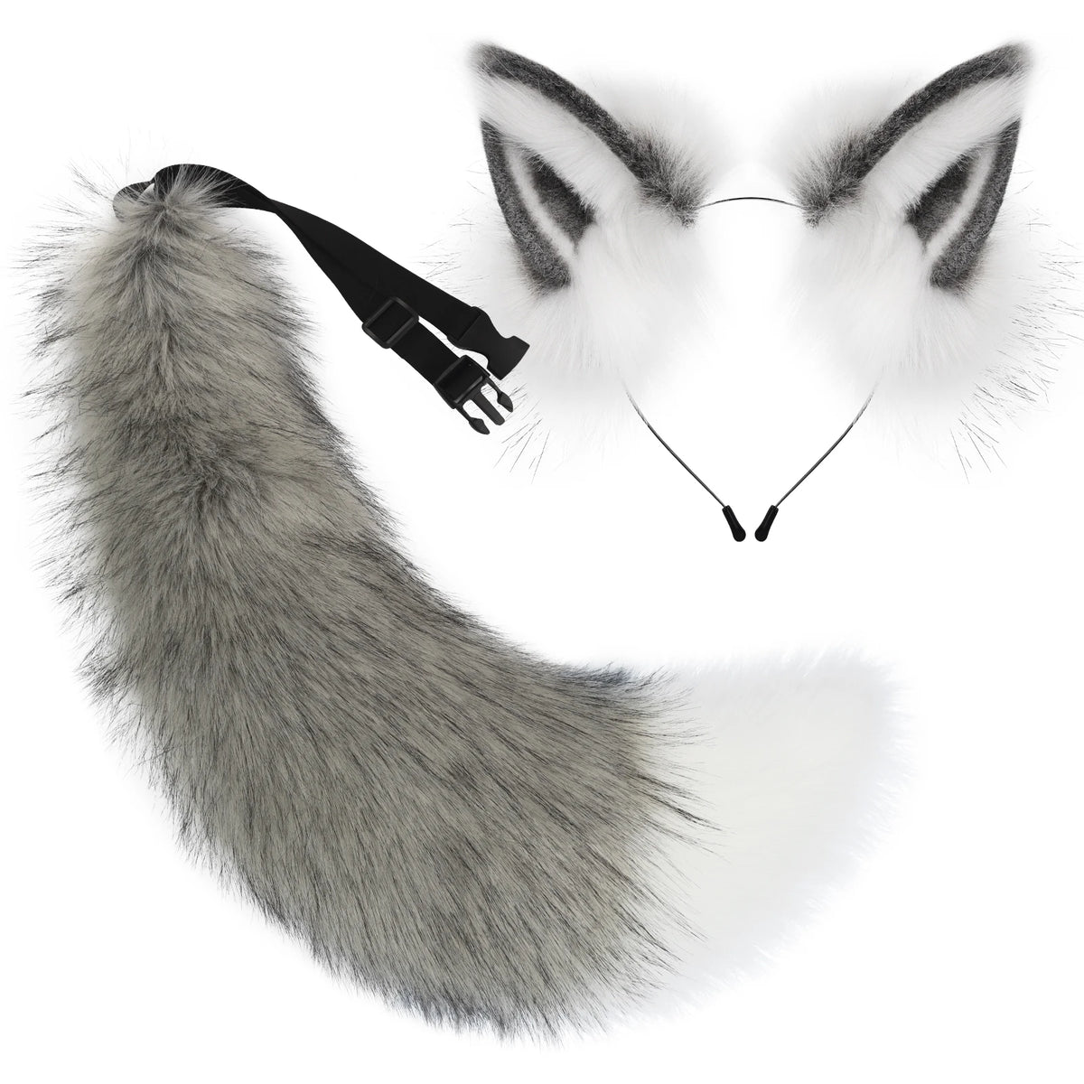 2 PCS Faux Fur Animal Ears Headband Furry Fox Wolf Tail Costume Set for Party Cosplay