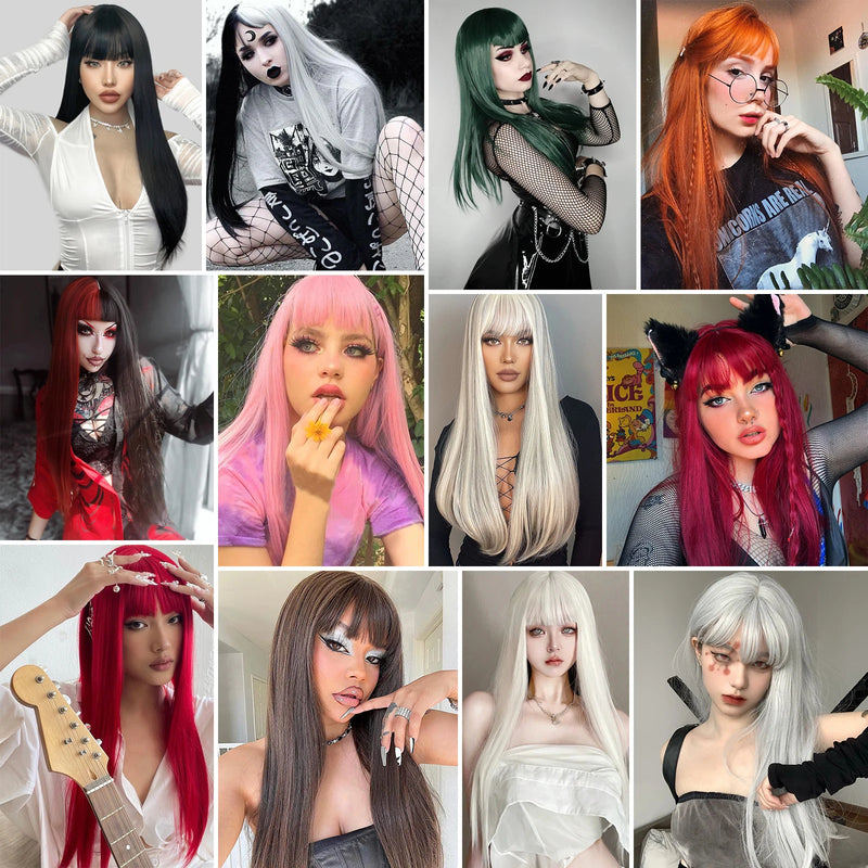 Synthetic Straight Wigs with Bangs Long Silky Heat Resistant Fiber Hair Full Machine Wig Cosplay Party Wig For Fashion Women