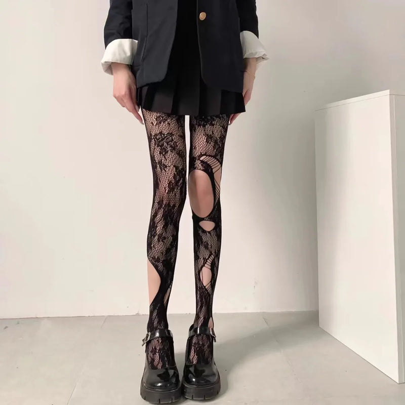 Japanese Lolita Retro Floral Rattan White Hosiery Hot Tights Classic Lolita Hollowed Out Lace Mesh Stockings Bottomed Pantyhose