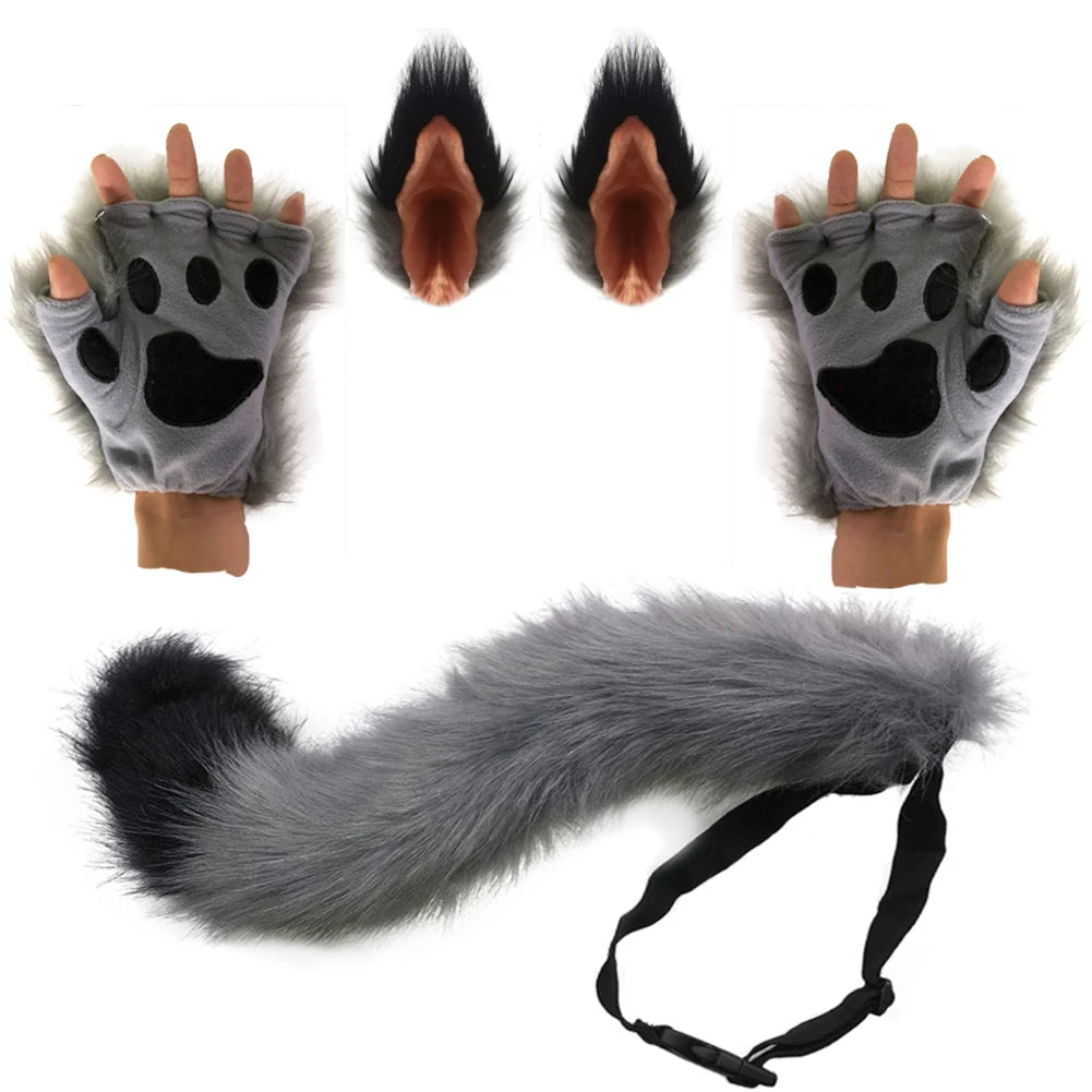 Kawaii Fox Ears & Plush Tail with Cute Paw Set – Soft Anime-Style Cosplay Accessories Kemonomimi Set
