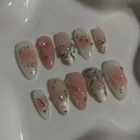 24PCS Wine Red Almond Press-On Nails – Cute Rabbit Bow Plaid Pearl French Fake Nails