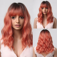 Wavy Synthetic Wig With Bangs Short Bob Pink Wigs Curly Wavy Shoulder Length Cosplay Wig Daily Colorful Wig