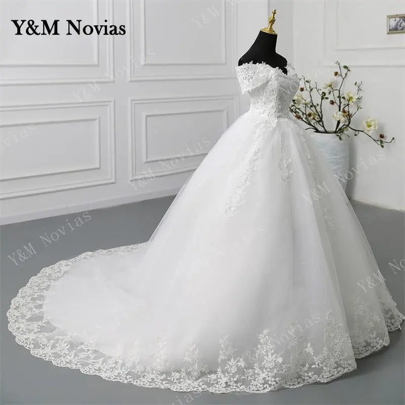 Y&M Novias Off Shoulder Plus Size Vestido De Noiva 2023 Wedding Dress Long Train or Floor Appliqes Pearls Bridal Tulle Mariage