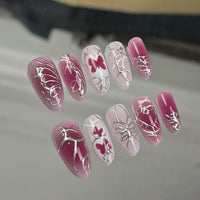 24PCS Wine Red Almond Press-On Nails – Cute Rabbit Bow Plaid Pearl French Fake Nails