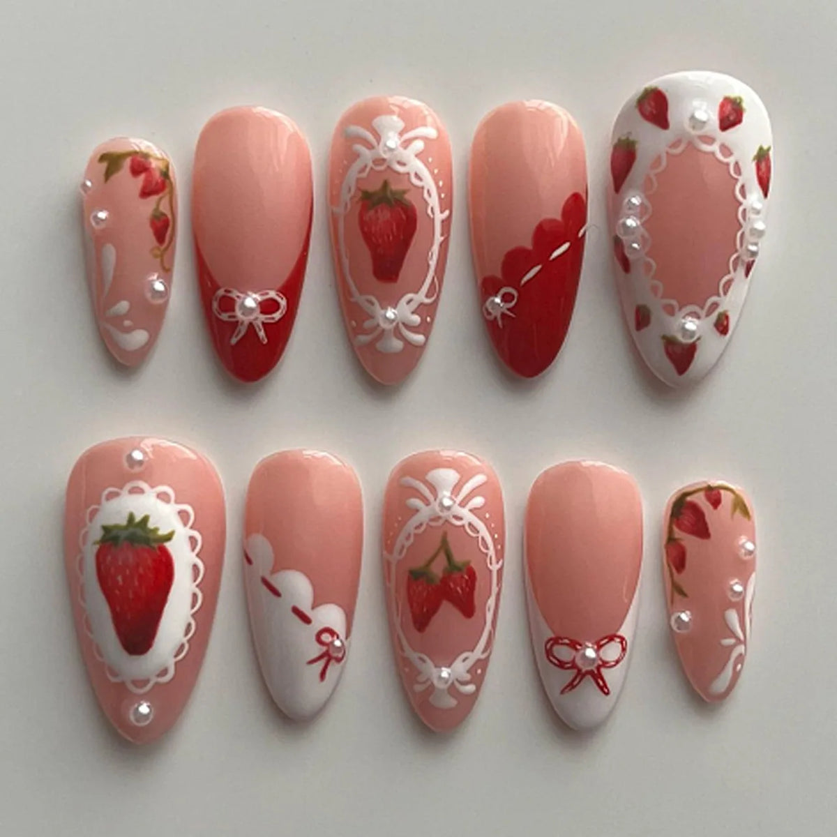 24PCS Wine Red Almond Press-On Nails – Cute Rabbit Bow Plaid Pearl French Fake Nails