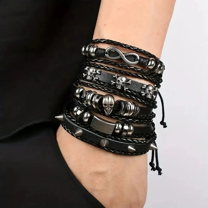 5pcs Punk Style Braided Leather Bracelet Set – Adjustable Black DIY Wristbands with Metal Beads