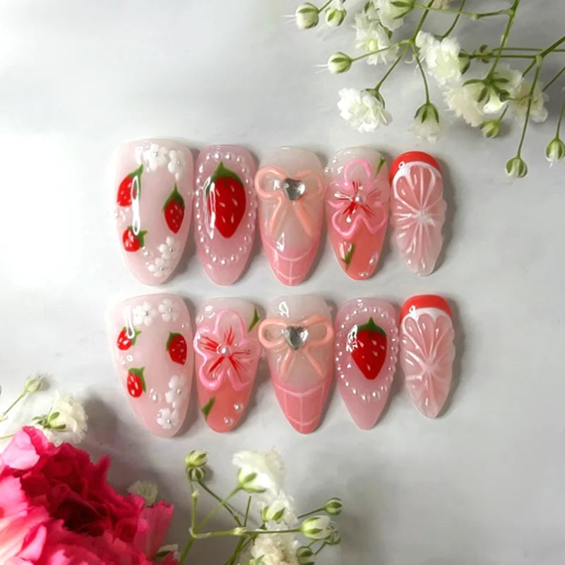 24PCS Wine Red Almond Press-On Nails – Cute Rabbit Bow Plaid Pearl French Fake Nails