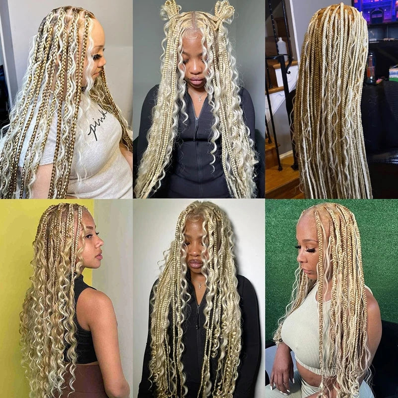 Synthetic Full Lace Bohemian Braid Wig 32 Inch Box Braids Goddess Wig With Curly Hair Ombre Blonde Gradation Cornrow Braided Wig