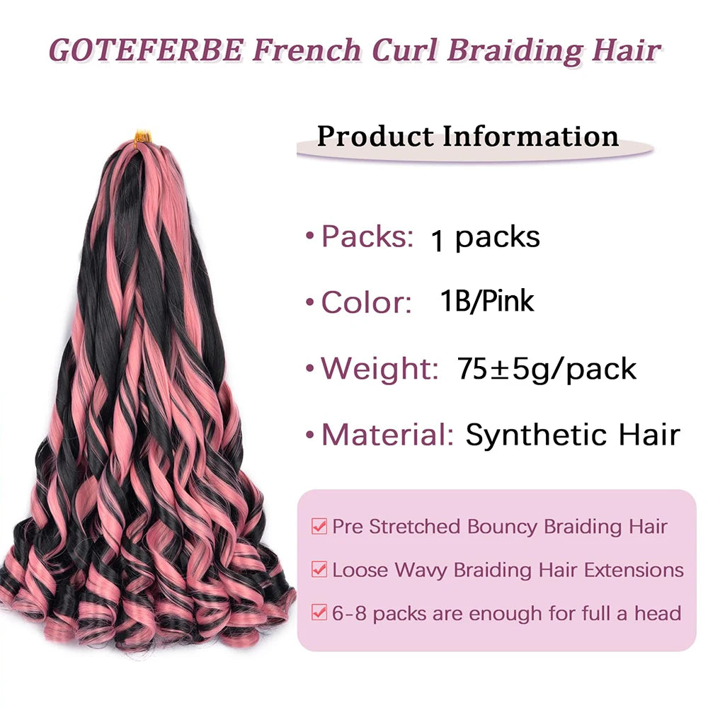 1B/Pink 24" Synthetic French Curly Braiding Hair Pre Stretched Loose Wavy Spiral Curl Crochet Braids Hair Extensions for Women
