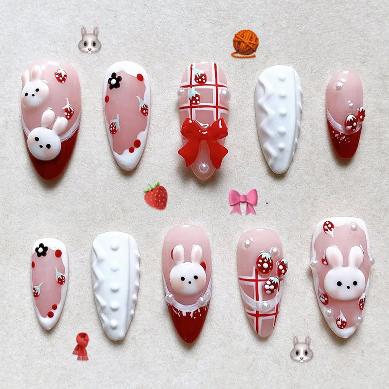 24PCS Wine Red Almond Press-On Nails – Cute Rabbit Bow Plaid Pearl French Fake Nails
