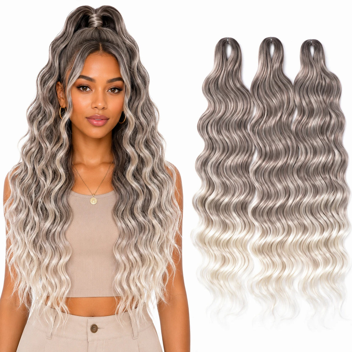 24 Inch Loose Deep Wave Crochet Braiding Hair Ombre Blonde Synthetic Deep Curly Twist Hair Extensions for Women