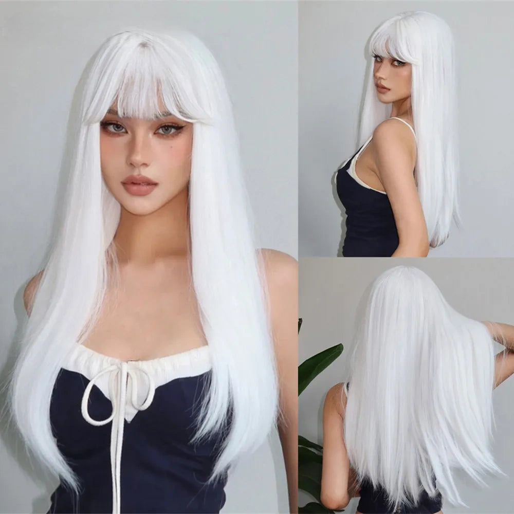 Long Straight Synthetic Wig with Bangs for Cosplay & Daily Wear